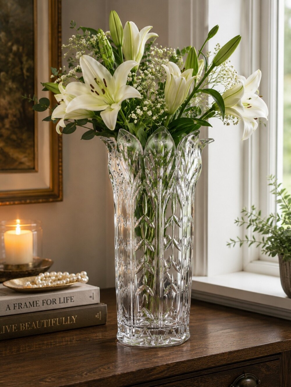 Elegant Art Nouveau Style Fifth Avenue Crystal Portico Leaded Cut Vine Vase